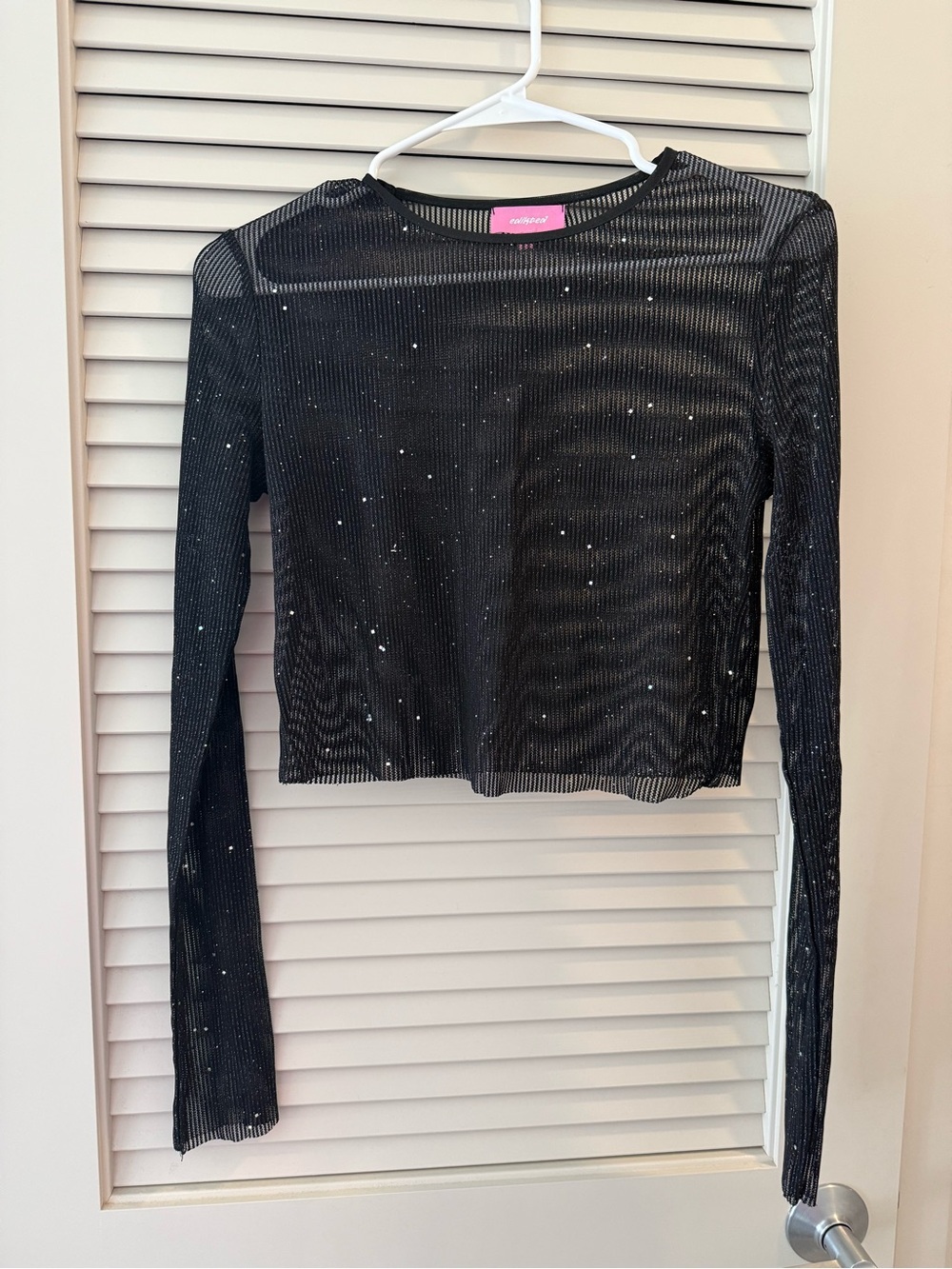 Edikted Black Sparkle Long-Sleeve Mesh Crop Top